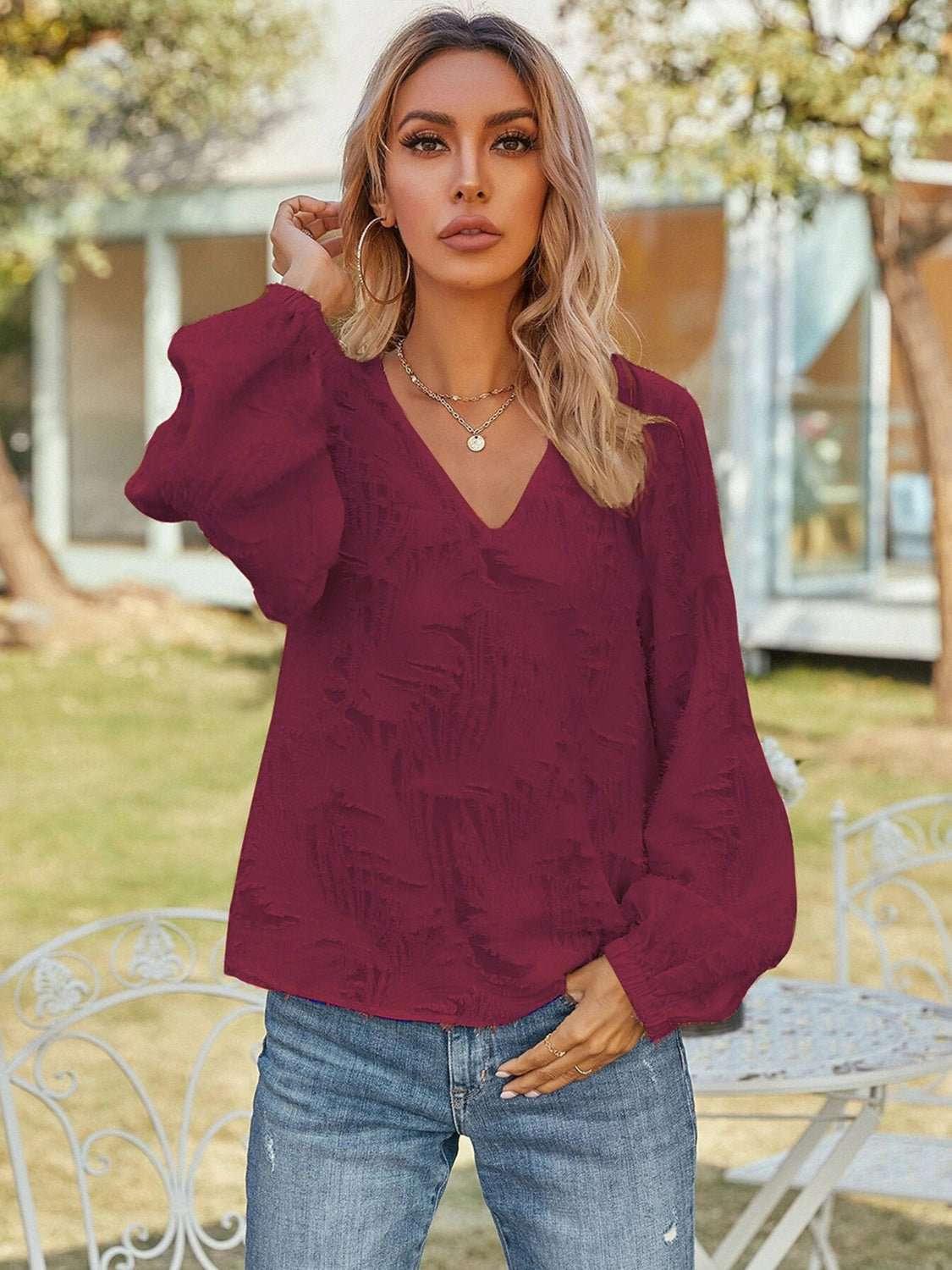 V - Neck Long Sleeve Blouse - VILLA FASHION